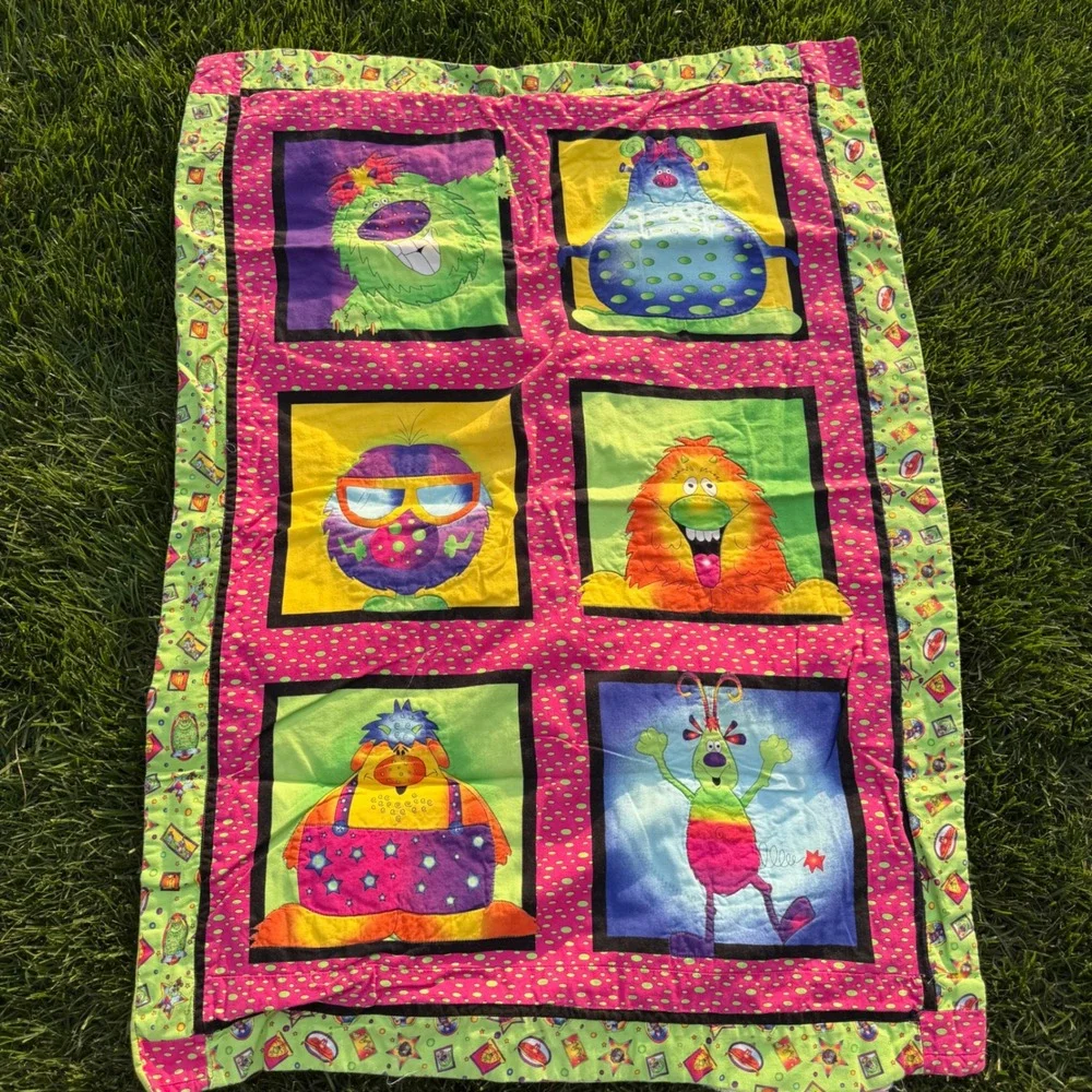 Handmade Monster Character Quilted Baby Blanket Colorful Striped Reverse 27x38